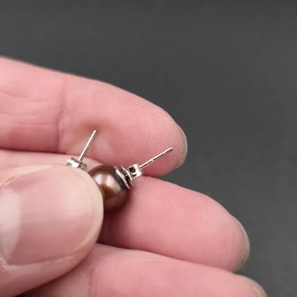 Sterling Silver Genuine Brown Pearl Stud Earrings A7019 - Picture 4 of 6